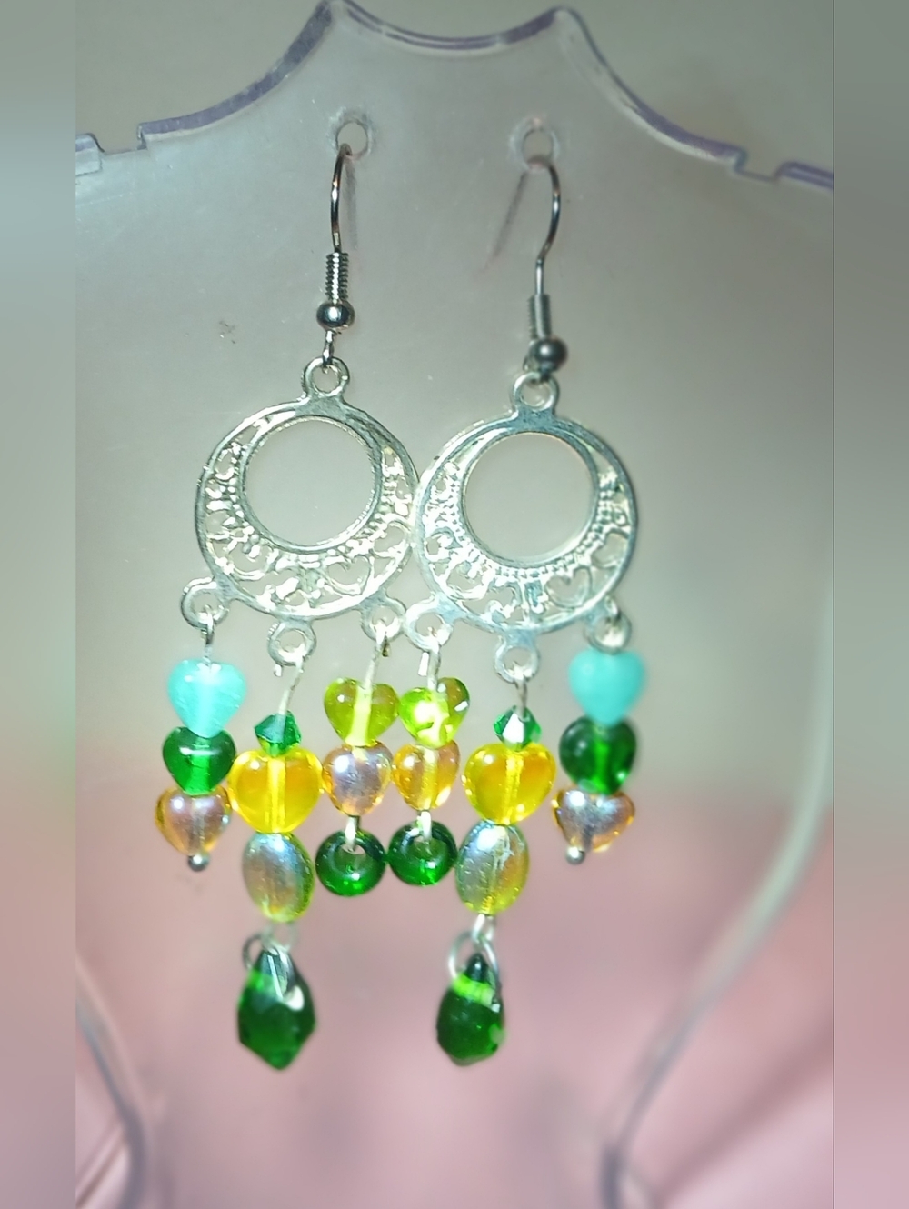 Hand Crafted Silver Hoop Dangle Earrings with Green, Yellow and Aqua Beads